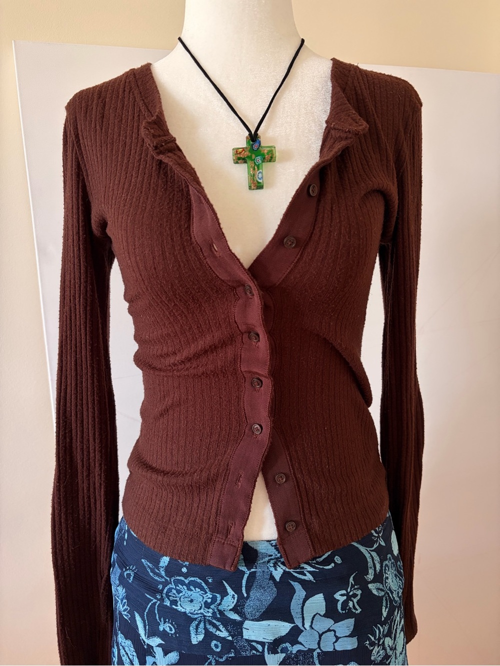 Aerie Brown Ribbed Button-Front Cardigan / Sweater